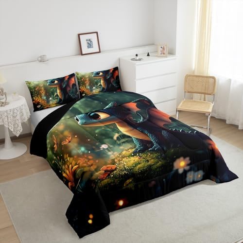 Castle Fairy Cute Dragon Twin Size Comforter Set,Mysterious Wild Animals Duvet Set Soft Bed Collection,Kawaii Flower Animals Bedding Comforter for Boys Girls Bedroom,2 Pcs