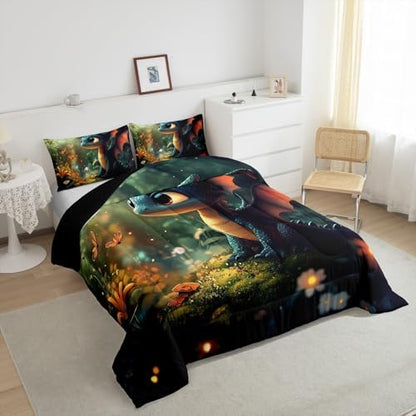 Castle Fairy Cute Dragon Twin Size Comforter Set,Mysterious Wild Animals Duvet Set Soft Bed Collection,Kawaii Flower Animals Bedding Comforter for Boys Girls Bedroom,2 Pcs