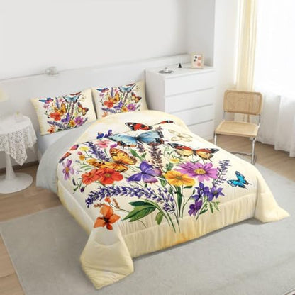 jejeloiu Butterfly Kids Comforter Set King Size Beautiful Butterfly Bedding Set Botanical Duvet Quilt for Kids Boys Girls Bedroom Flower Decor Microfiber Ultra Soft Breathable