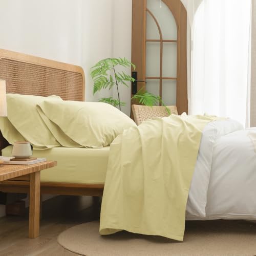 BESTOUCH Sheet Set 100% Washed Cotton Linen Feel Super Soft Comfortable Chic Lightweight 4 Pcs Home Bedding Set Solid Light Yellow Twin