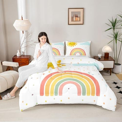 jejeloiu Cute Rainbow Comforter Set All Season Lovely Kids Rainbows Bedding Set with 2 Pillow Cases Cute Princess Microfiber Kids Full Bedclothes Bedroom Decor Duvet Quilt Breathable Soft Lightweight