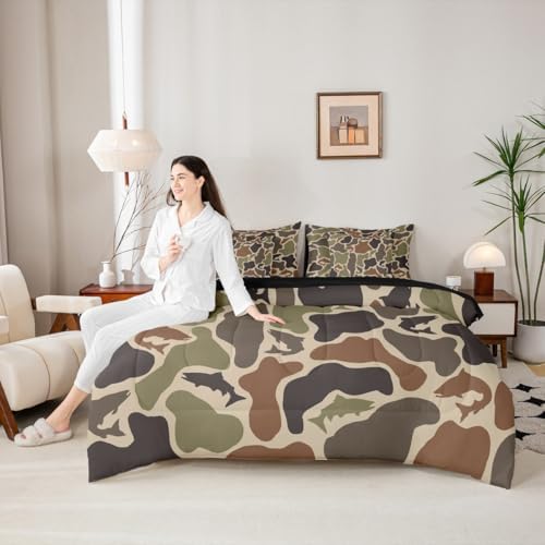 Erosebridal Camo Fish Twin Comforter Set with Sheets 7 Piece Bass Pike Fish Bed in A Bag Fishing Hunting Camouflage Bedding Sets for Kids Boys Girls Army Military Hunter Bed Set
