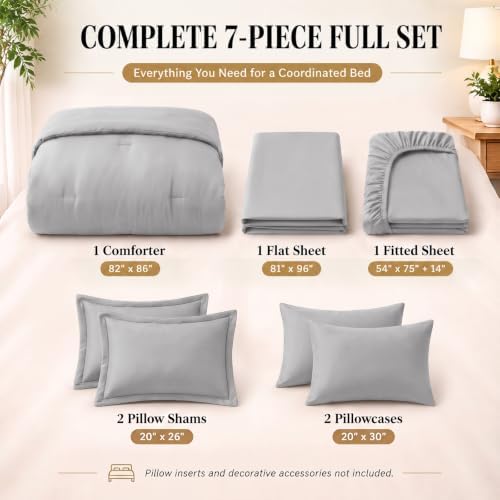 CozyLux Full Size Comforter Set Light Grey, 7 Pieces Bed in a Bag