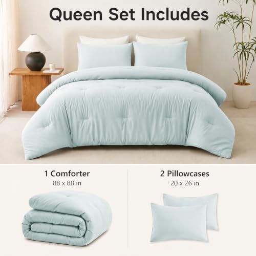 CozyLux Queen Comforter Set, 3 Pieces Down Alternative Bedding, Ice Blue