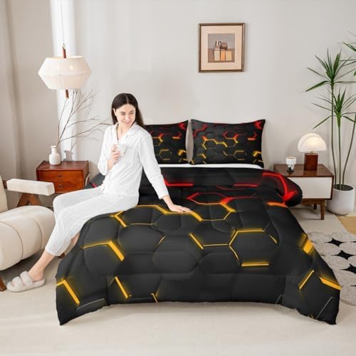 Manfei Honeycomb Comforter Set Queen Size Geometric Hexagon Bedding Set 3pcs for Kids Boys Teens Room Decor Yellow Red Neon Lights Duvet Insert Modern Fashion Luxury Down Comforter with 2 Pillowcases