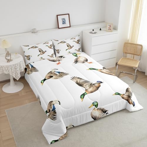 Feelyou Mallard Duck Bedding Set Hunting and Fishing Comforter Set Wild Animal Comforter for Boys Girls Kids Wildlife White Duvet Set Full Size with 2 Pillow Case