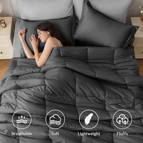 JOLLYVOGUE Oversized Queen Comforter Set, Ultra-Soft Bed in a Bag 7 Pieces, Oeko-TEX Certified Bedding Set with Down Alternative Comforter, Sheets, Pillowcases & Shams, Dark & Light Grey