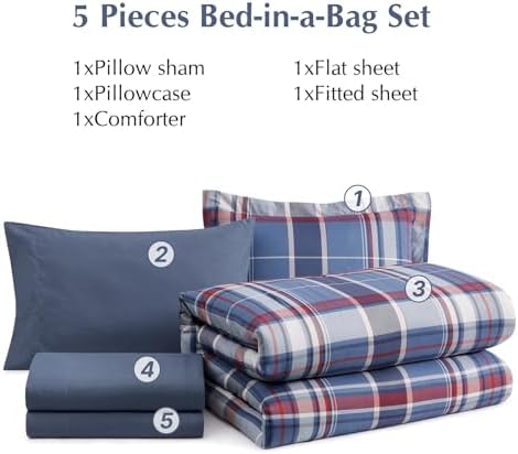 Plaid Twin XL Comforter Set Navy Red 5 Pieces Bed in a Bag for College Dorm