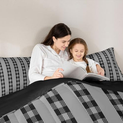 jejeloiu Black Plaid Bedding Set Soft for Boys Girls, Stripes Comforter Set King Size Check Checkered Duvet Quilt Microfiber Grid Geometric Bedroom Decor 3 Pcs with 2 Pillow Cases