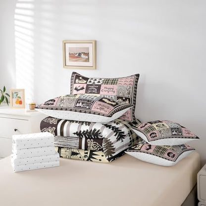 Erosebridal 7 Piece Happy Camping Comforter Set Twin for Kids Girls,Rv Camper Bedding Set Pink Buffalo Plaid Decor,Rustic Cabin Bed Set with Sheets,Travel Trailer Bed in a Bag with Pillowcases