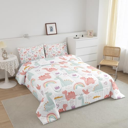 Feelyou Cartoon Dino Comforter Set Queen, Pink Green Dinosaur Comforter Cute Jungle Dino Comforter Set for Kids Boys Girls Cute Rainbow Duvet Set Microfiber Quilt Set