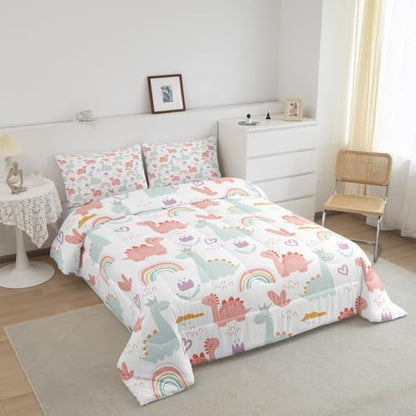 Feelyou Cartoon Dino Comforter Set Queen, Pink Green Dinosaur Comforter Cute Jungle Dino Comforter Set for Kids Boys Girls Cute Rainbow Duvet Set Microfiber Quilt Set