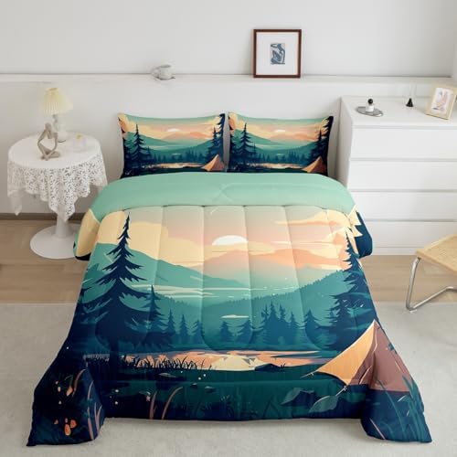 Sunset Comforter Set Twin Size,Mountain Lake Nature Scenery Bedding Set for Kids Teens Adults Room Decor,Camping Adventure Theme Duvet Insert 2Pcs,Woodland Tree Natural Green Quilt Set,1 Pillowcase