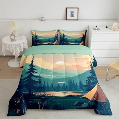 Sunset Comforter Set Twin Size,Mountain Lake Nature Scenery Bedding Set for Kids Teens Adults Room Decor,Camping Adventure Theme Duvet Insert 2Pcs,Woodland Tree Natural Green Quilt Set,1 Pillowcase