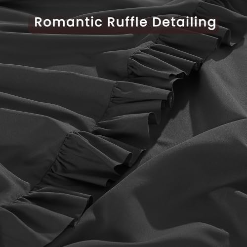 ROSE&RISY Queen Ruffle Sheet Set 4 Piece - Black Soft Lightweight Microfiber Bedding with Deep Pocket, Breathable Ruffled Flat Sheet & Pillowcases (Black, Queen Size)
