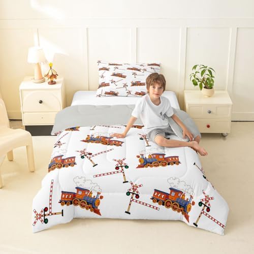 Feelyou Yellow Vintage Train Comforter Set Toddler Size Retro Steam Locomotive Down Bedding Set for Kids Boys Girls Transportation Vehicles Duvet Quilt Bedroom Decor 2 Pcs with 1 Pillow Case