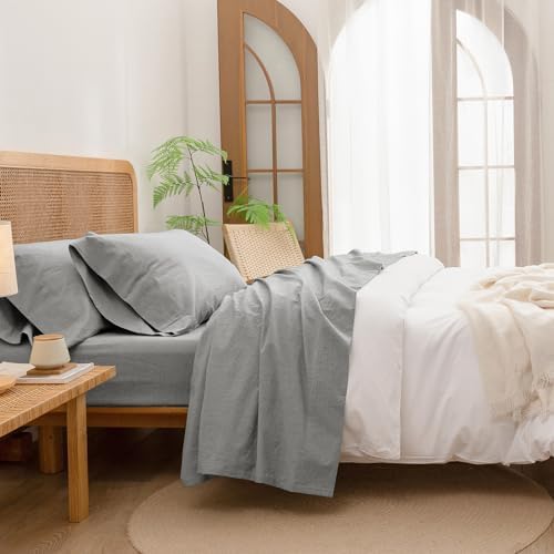 BESTOUCH Twin Washed Cotton Linen Feel Sheet Set 3pc Solid Light Grey