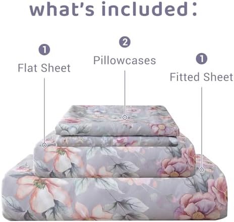 QSH Gray Floral Sheets Queen Size，Egyptian Cotton Sheets Queen Size Set Luxury Silk Feel Flowers Botanical Pattern Printed Bedding Sheet Extra Soft and Breathable 17.5" Deep Pockets Bed Sheet 4pcs