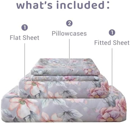QSH Gray Floral Sheets Queen Size，Egyptian Cotton Sheets Queen Size Set Luxury Silk Feel Flowers Botanical Pattern Printed Bedding Sheet Extra Soft and Breathable 17.5" Deep Pockets Bed Sheet 4pcs