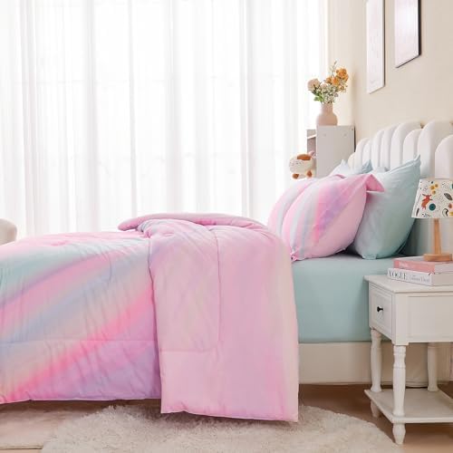 Wajade Girls Pink Comforter Set Bed in A Bag Queen Size 7 Piece 3D Colorful Tie Dye Pink Rainbow Bedding Set for Teens Girls (1 Comforter, 1 Flat Sheet, 1 Fitted Sheet, 2 Pillowcase and 2 Pillow Sham)