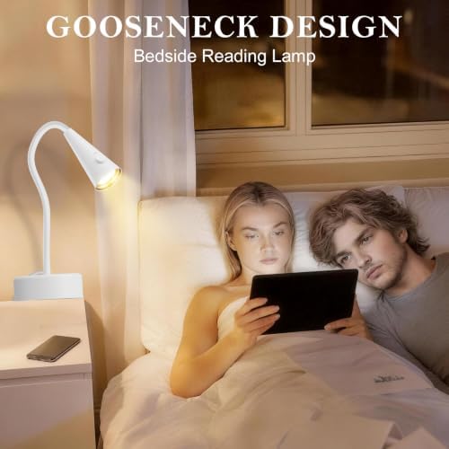 Headboard Reading Light, White Bedside Lamp, No-Drill Book Light for Bedtime Reading, Dimmable LED, Flexible Gooseneck, 360°Adjustable, Plug-in Reading Lamp Movable-1 Pack