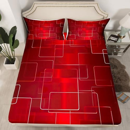 Feelyou Boys Geometric Bed Sheets Sheet Set for Kids Teens Girls Women Red Grid Art Decor Bed Set Simple Modern Fashion Sheets Bedroom Collection 4Pcs Full Size