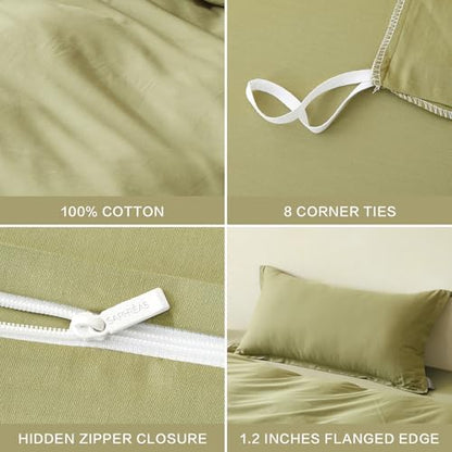 Duvet Cover Set Twin Size 100% Organic Cotton Olive Green, SAPHREAS 2 Pcs Soft Bedding Comforter Cover with Zipper Closure & Corner Ties, Comforter Not Included