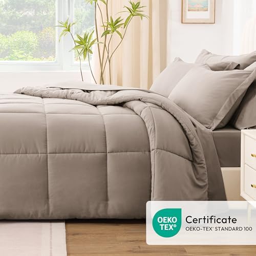Love's cabin King Size Comforter Set Light Brown, 7 Pieces King Bed in a Bag, All Season Bedding Sets with 1 Comforter, 1 Flat Sheet, 1 Fitted Sheet, 2 Pillowcase and 2 Pillow Sham
