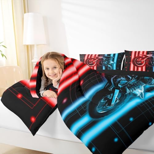 Feelyou Racing Motocross Rider Kids Bedding Set,Boys Girls Queen Size,Dirt Bike Comforter Set,Extreme Sports Ultra Soft Duvet Quilt,3D Pattern Comforter Colorful Modern Bedroom Decor,Blue Red