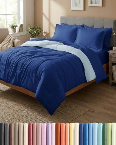 Full Comforter Set - 7 Piece Reversible Bed in a Bag - Navy Blue/Sky Blue