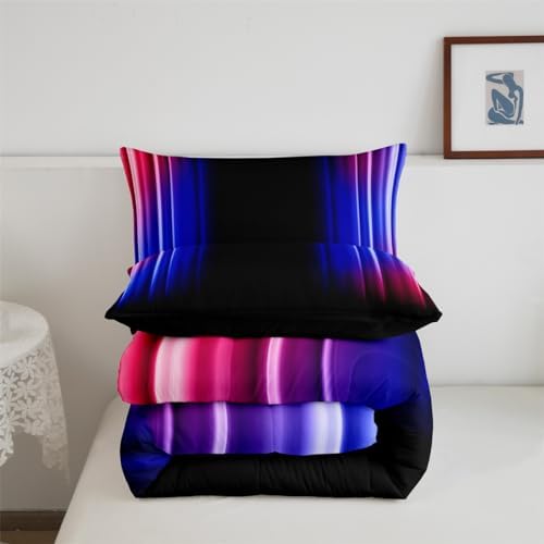 Feelyou Geometric Ombre Comforter Set Kids Teens Red Blue Black Bedding Set Decor Modern Stripes Comforter with 2 Pillowcases 3Pcs Bedding Queen