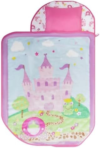 EVERYDAY KIDS Cute Preschooler and Toddler Cot Nap Mat for Home, Daycare, Preschool and Kindergarten; Easy to Roll Sleeping Mat with Elastic Straps, Pillow and Blanket