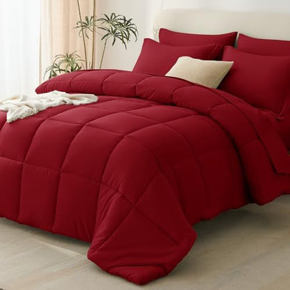 CozyLux Queen Comforter Set, 7-Piece Bed in a Bag, Dark Red