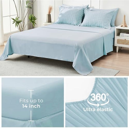 HYMOKEGE Lake Blue Oversized King Comforter Set Seersucker 7 Pieces, All Season Luxury Bed in a Bag for Bedroom, Bedding Set with Comforter, Sheets, Pillowcases & Shams
