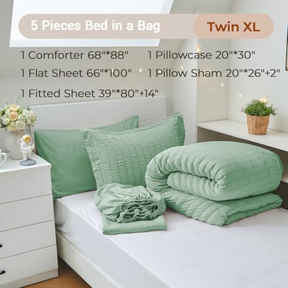 MUXHOMO 5 Pieces Twin XL Comforter Set, Seersucker Bed in a Bag Twin XL Size, All Season Luxury Bedding Set with Comforter, Flat Sheet, Fitted Sheet, Pillowcase & Sham, Sage Green