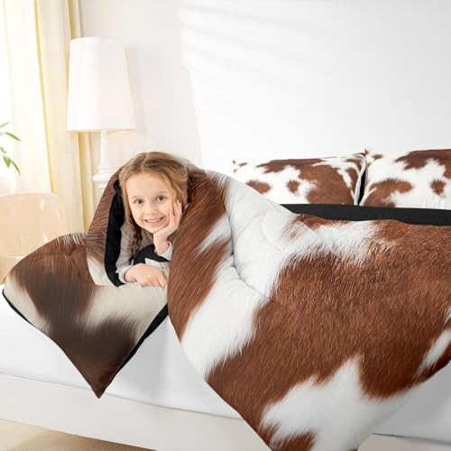 Erosebridal Cowhide Bedding Sets Western Farm Animal Comforter Set King,Brown White Cow Print Bedding Comforter Set for Kids Boys Girls Teens,Rustic Farmhouse Cow Fur Quilt Duvet Set 2 Pillow Cases