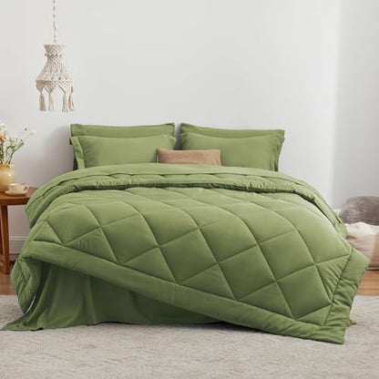 Love's cabin Queen Comforter Set Olive Green, 7 Pieces Queen Bed in a Bag, All Season Bedding Sets with 1 Comforter, 1 Flat Sheet, 1 Fitted Sheet, 2 Pillowcase and 2 Pillow Sham