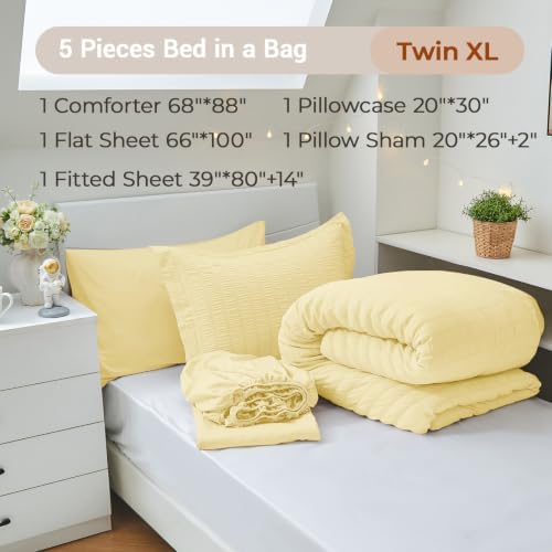 MUXHOMO 5 Pieces Twin XL Comforter Set, Seersucker Bed in a Bag Twin XL Size, All Season Luxury Bedding Set with Comforter, Flat Sheet, Fitted Sheet, Pillowcase & Sham, Yellow