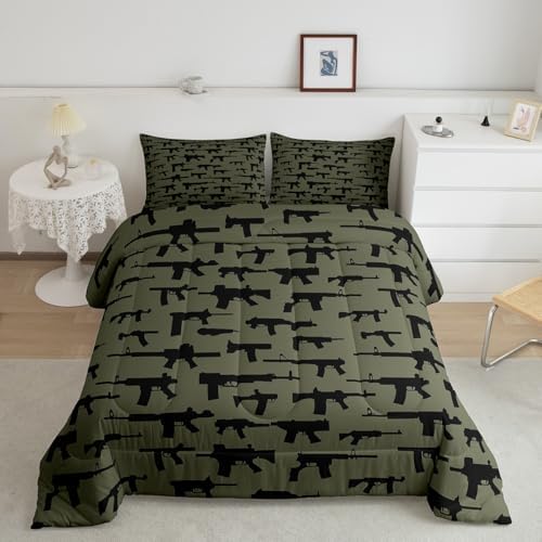 Erosebridal Machine Guns Comforter Set for Boys Youth Teens Men Full Size,Military Theme Bedding Set,Army Rifle Pattern Bedding Comforter,Soft Luxury Quilted Duvet Set Bedroom Decor Army Green 3 Pcs