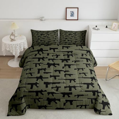 Erosebridal Machine Guns Comforter Set for Boys Youth Teens Men Full Size,Military Theme Bedding Set,Army Rifle Pattern Bedding Comforter,Soft Luxury Quilted Duvet Set Bedroom Decor Army Green 3 Pcs