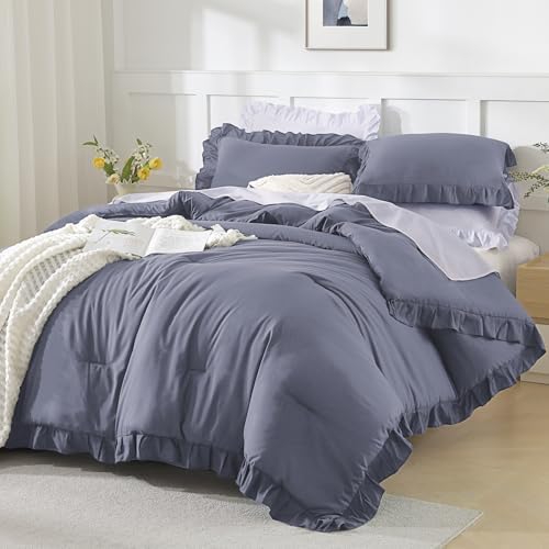 Andency Dark Blue Comforter Set Full Size, 3 Pcs Solid Ruffle Bedding