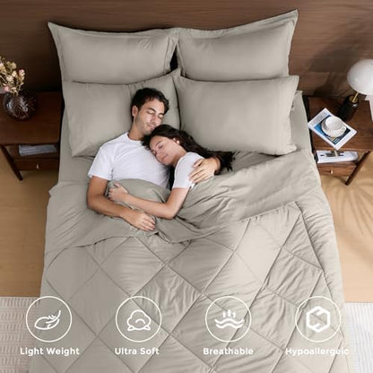 HEVUMYI 7-Piece Full Comforter Set, Oatmeal Bed in a Bag