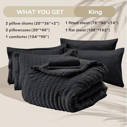 HYMOKEGE Black King Size Comforter Set Seersucker 7 Pieces, All Season Luxury Bed in a Bag for Bedroom, Bedding Set with Comforters, Sheets, Pillowcases & Shams