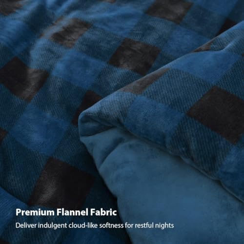 Litanika Velvet Flannel Plaid Comforter Set Queen, 3 Pcs Blue Blanket