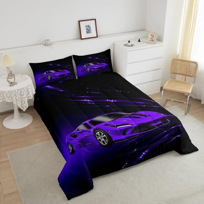 Feelyou Boys Purple Race Car Bedding Set Toddle Size Speed Sports Car Comforter Set for Kids Teens Adult Fast and Furious Duvet Set Purple Ombre Quilt Set 2Pcs