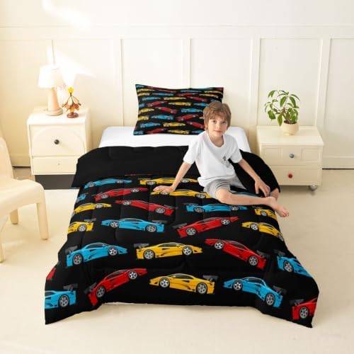 Feelyou Blue Race Car Comforter Set Toddler Size Yellow Speed Sports Car Bedding Set for Kids Boys Girls Vehicle Duvet Quilt Bedroom Decor Microfiber 2 Pcs with 1 Pillow Case