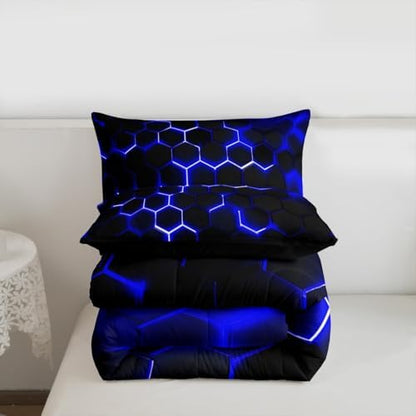 Erosebridal Honeycomb Comforter Set Neon Light Geometric Bedding Set Full for Kids Boys Teens,Hexagonal Bedding Comforter Sets Soft Microfiber Quilt Set 2 Pillow Cases Blue Black Room Decor