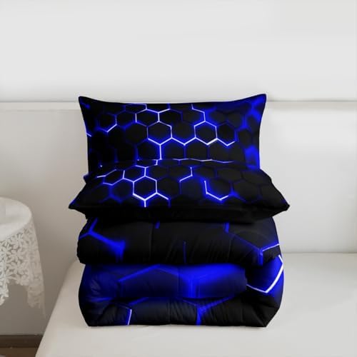 Erosebridal Honeycomb Comforter Set Neon Light Geometric Bedding Set King for Kids Boys Teens,Hexagonal Bedding Comforter Sets Soft Microfiber Quilt Set 2 Pillow Cases Blue Black Room Decor