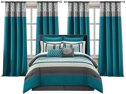LANCO MODERN LIFESTYLE Queen Comforter Set, Grey Bedding Set, Jacquard Woven with Geometry, 16 Pieces Room in a Bag, Sheets, Bedskirt, Pillow Shams and Cases, Decorative Pillows and Curtains