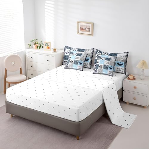 Erosebridal 7 Piece Rv Camper Comforter Set Queen for Kids Adults,Happy Camping Bedding Set for Travel Trailers,Blue Buffalo Plaid Bed in a Bag with Sheets,Cabin Patchwork Bed Set with Pillowcases